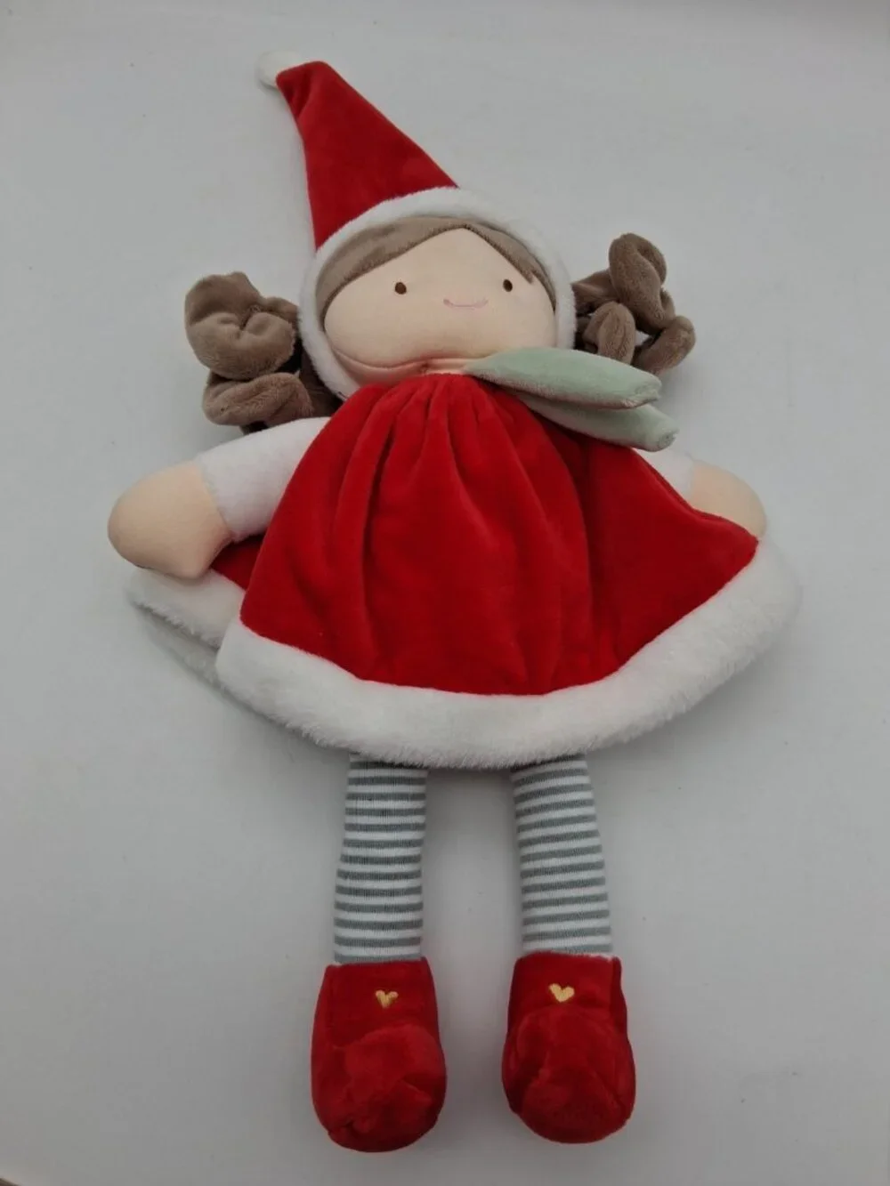 JoLiJou Paris Elf Pretty Red Doll 12” Curly Brunette Plush Red Santa Outfit
